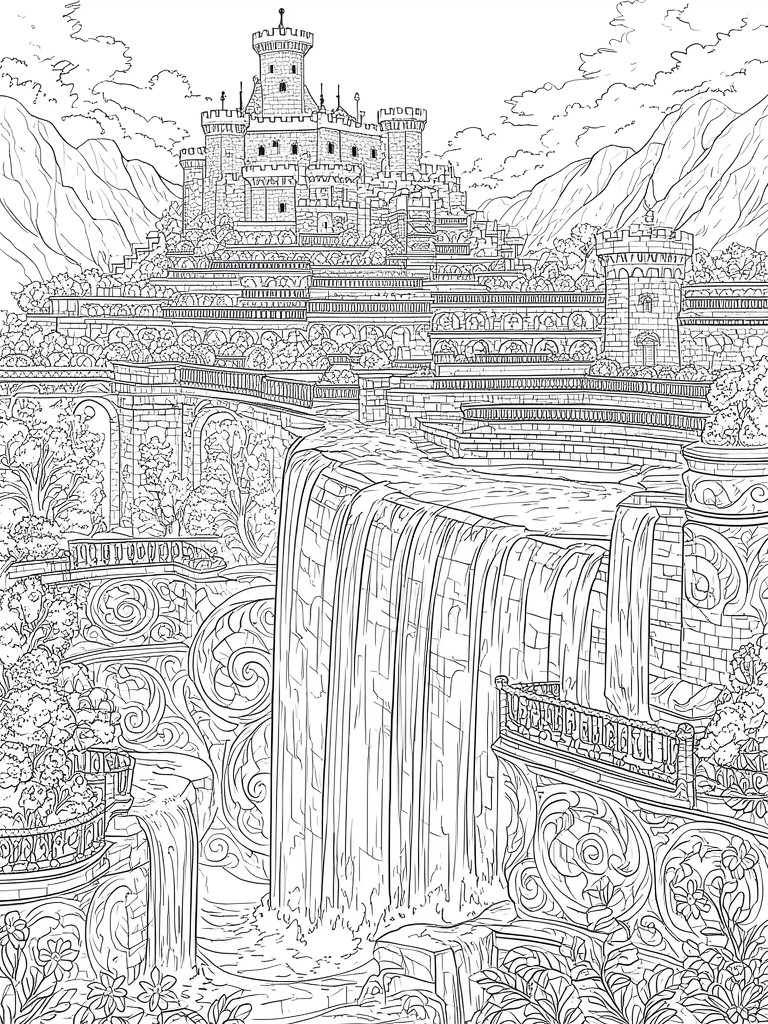 A black and white line drawing of a fantasy castle on cliffs with waterfalls flowing down the front and mountains behind it.