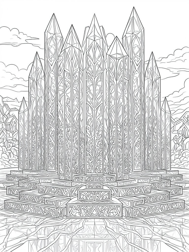 Ornate line art of tall crystal spires on tiered platform amid mountains.