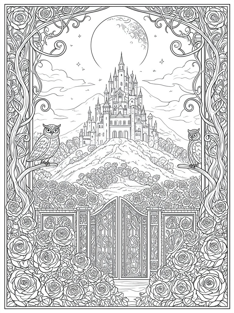 Detailed line drawing of castle, owls, roses, ornate gates under full moon.