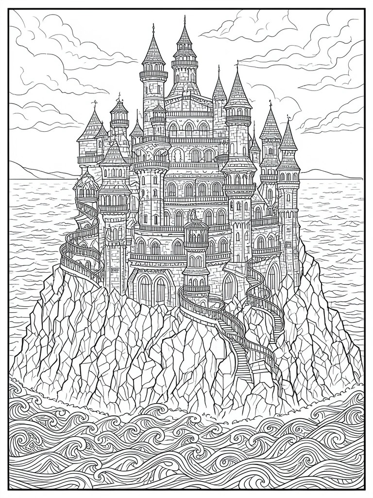 A black and white line drawing of a multi-towered castle on a rocky cliff above ocean waves.