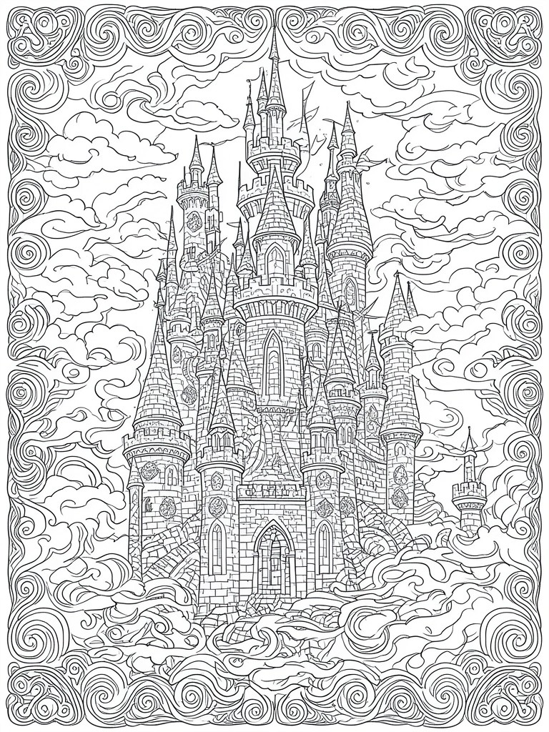 A black and white line drawing of a large fantasy castle with many towers surrounded by stylized clouds and swirls.