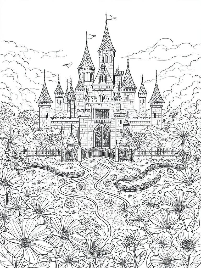 Detailed line art of a castle with towers, flags, flowers, and winding path.