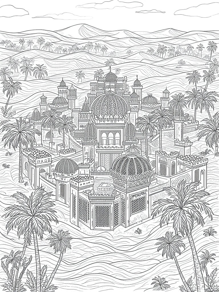 Black and white line art of a domed fantasy castle complex with towers and palm trees in a hilly landscape.