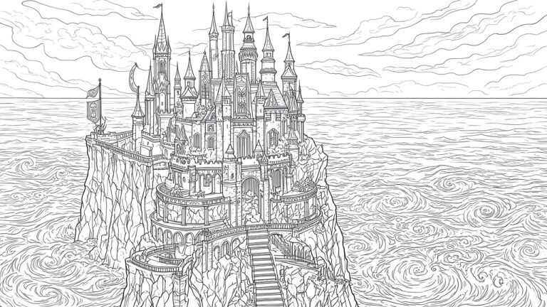 Black and white drawing of ornate castle with flags atop rocky cliff by swirling seas.