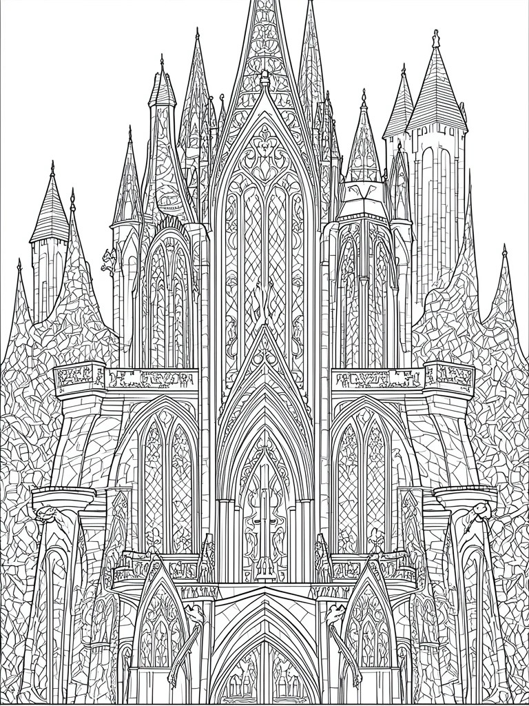 A black and white line drawing of an elaborate multi-towered fantasy castle with Gothic arches, windows, and rocky surroundings.