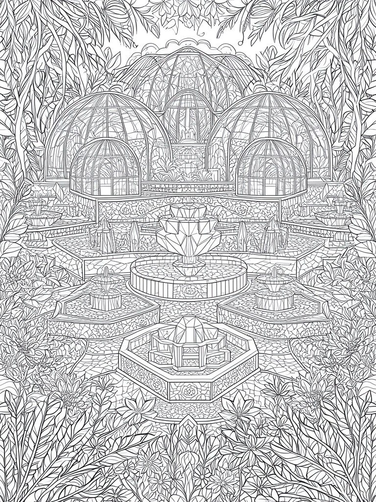 Black and white line art of a fantasy garden featuring multiple glass-domed greenhouses, several tiered fountains with crystal details, and dense surrounding foliage.