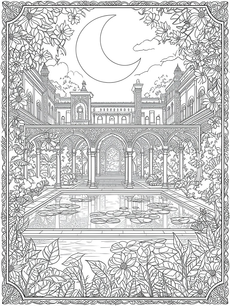 Ornate line art of moonlit palace with arches, lily pond, flowers, and crescent moon.