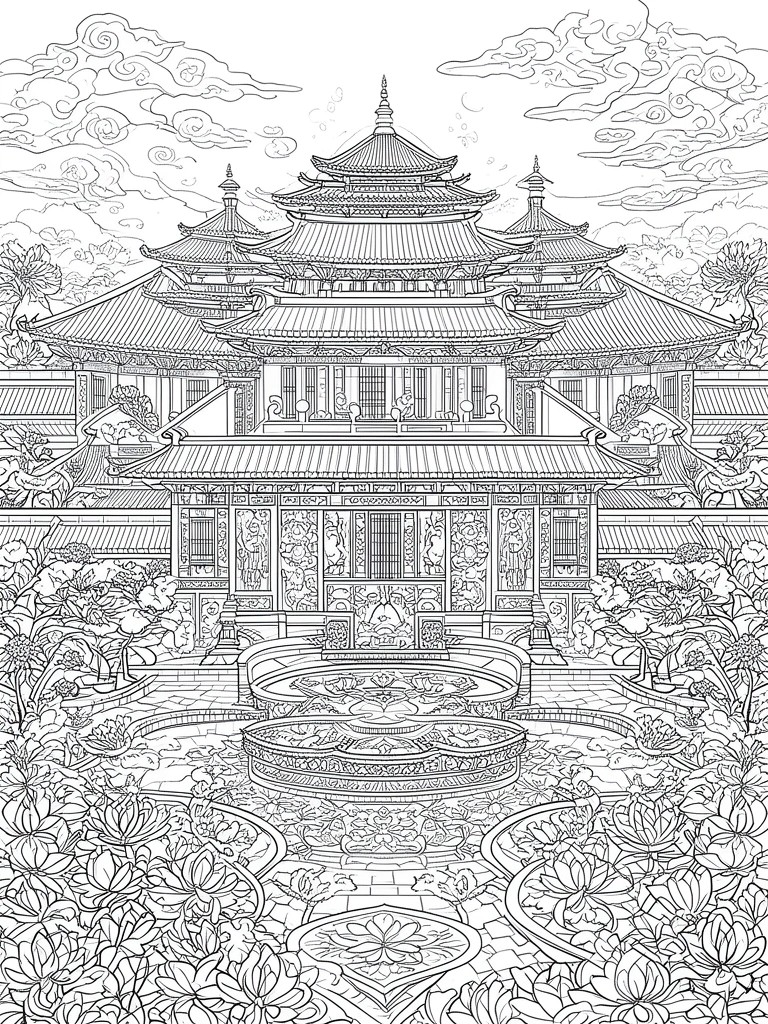 A detailed line drawing of a multi-tiered pagoda palace with a lotus pond in front and trees on both sides.