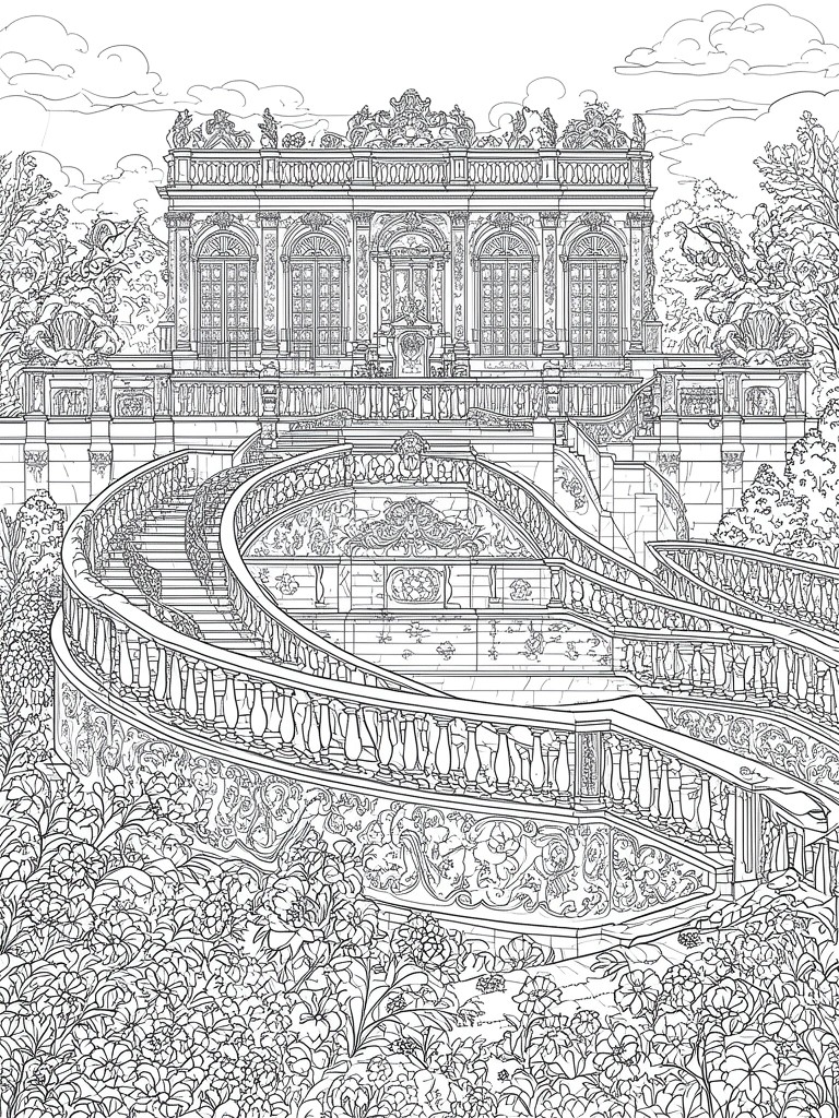 Intricate line drawing of an ornate palace with grand curving staircases and lush gardens.