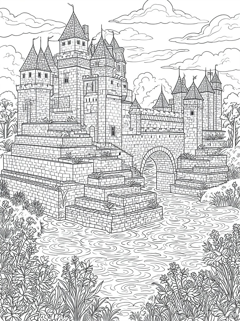 A black and white line drawing of a multi-towered stone castle on raised platforms, connected by an arched bridge over a river, with plants and clouds in the background.
