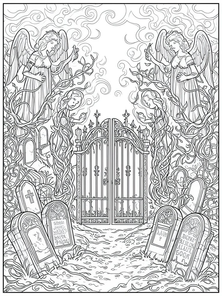 Line drawing of angels by ornate gate amid tombstones and twisting cemetery vines.