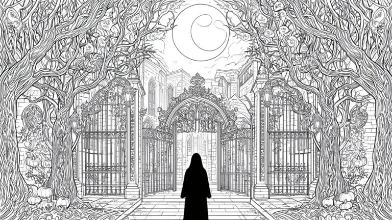 19 Gorgeous Gothic Halloween Coloring Pages for Fans of Dark Fantasy Cloaked black silhouette before ornate gate with gothic cathedral and twisted trees