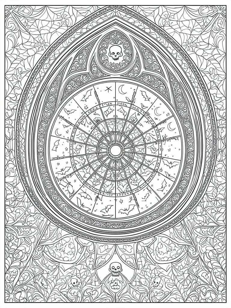 A black and white coloring page shows a large central wheel divided into segments with bats, moons, and stars, framed by gothic arches, skulls, and dense leaf borders.