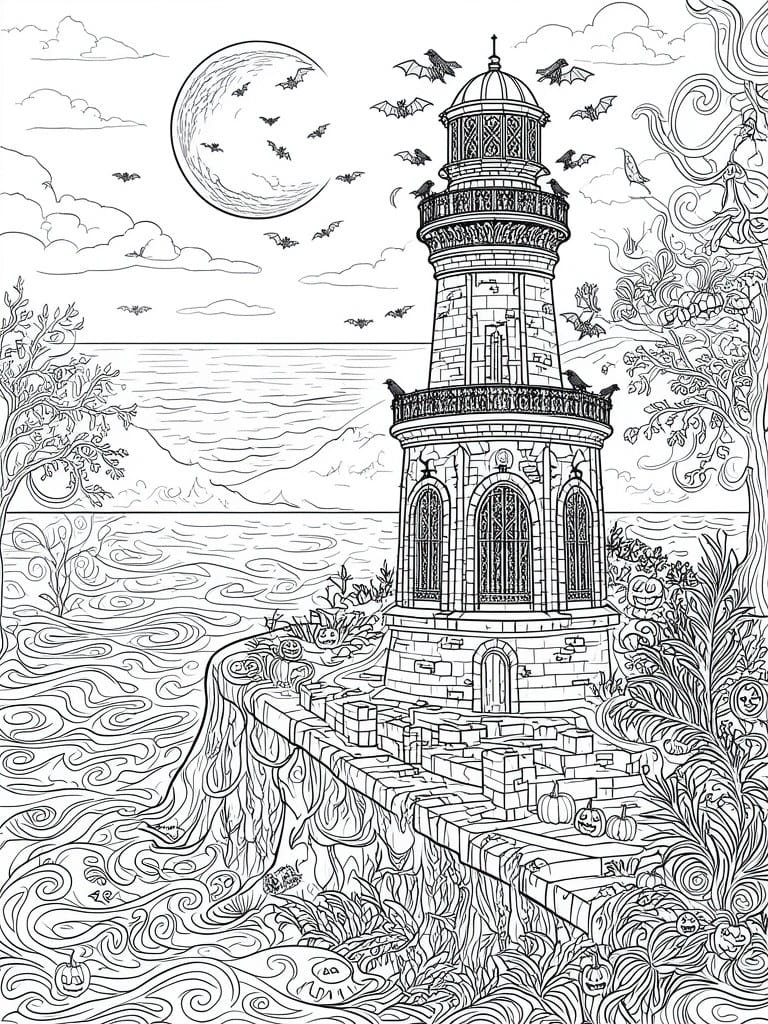 Line drawing of haunted lighthouse with bats, full moon, pumpkins and spooky trees.