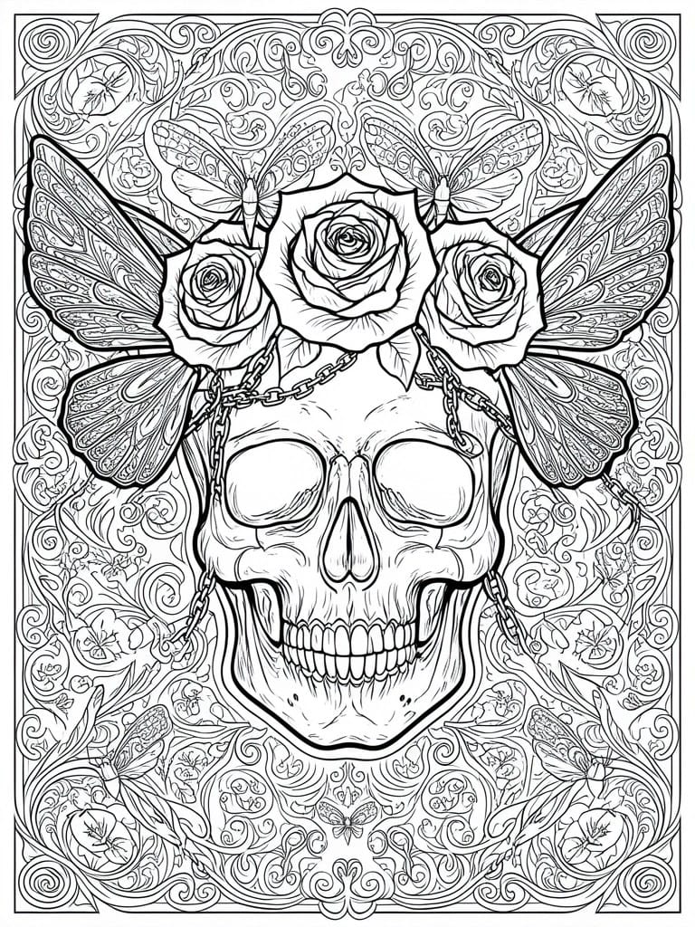 Ornate skull with roses, chained butterflies, and intricate floral swirls in line art