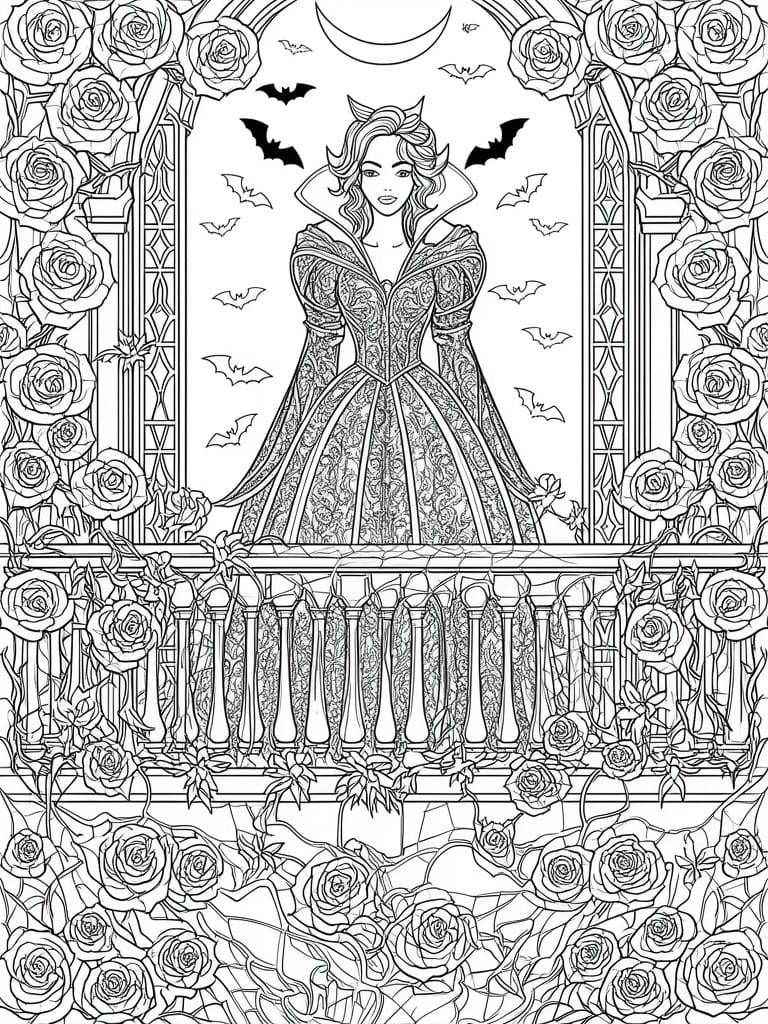A line drawing of a gothic woman in a detailed dress on a balcony framed by roses and bats under a crescent moon.