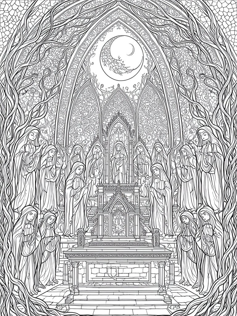 Detailed black-and-white line art of robed women in moonlit gothic cathedral with arches.