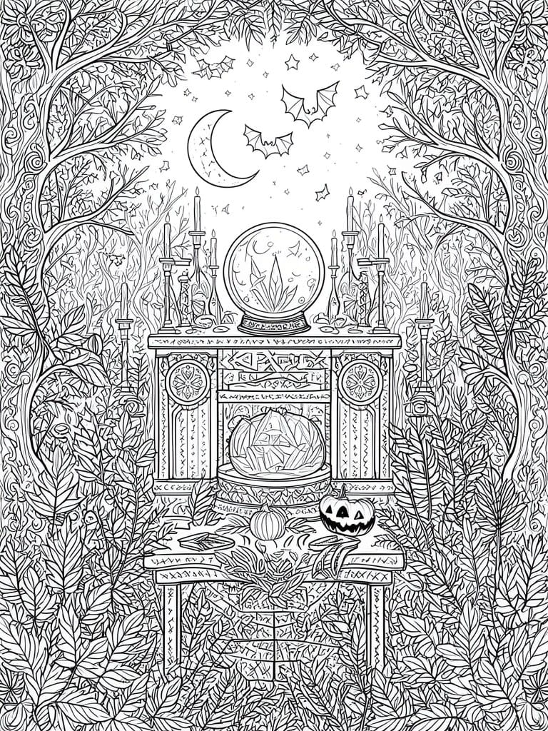 Black-and-white line art of forest altar with crystals, candles, bats, pumpkins, and crescent moon