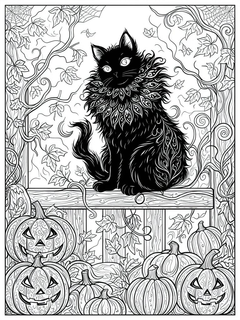 A detailed line art coloring page of a cat with eye patterns in its fur sitting on a fence above carved pumpkins with vines and spiderwebs.