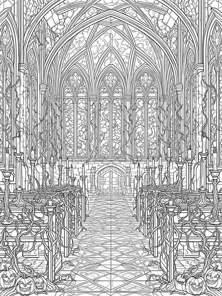 A black and white line drawing of a long Gothic church interior with arched windows, pews, candles, vines, and pumpkins.