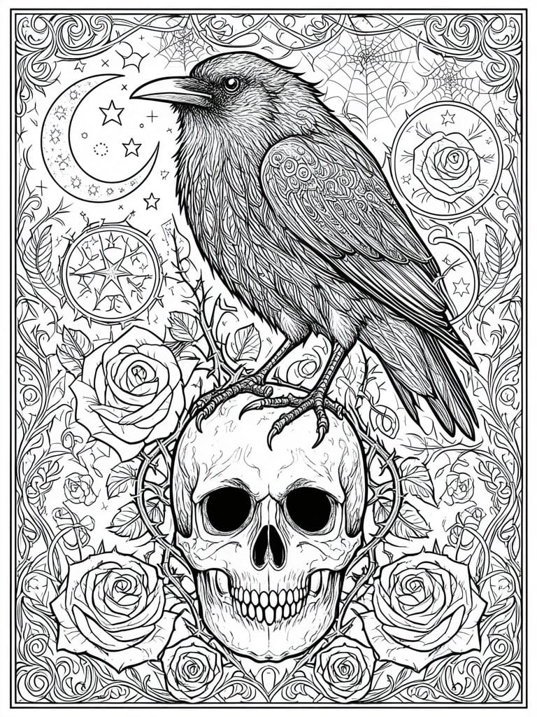 Intricate black-and-white line art of raven perched on skull amid roses, moon, and stars