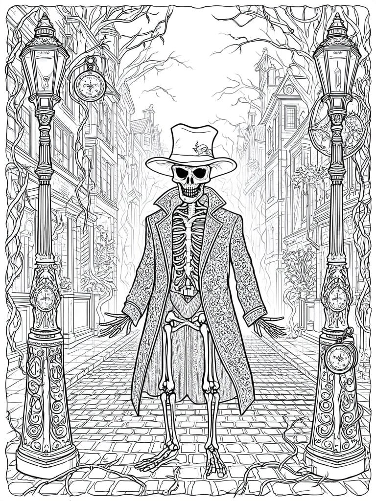 Skeleton in ornate coat and hat stands between clock lampposts on cobblestone street.