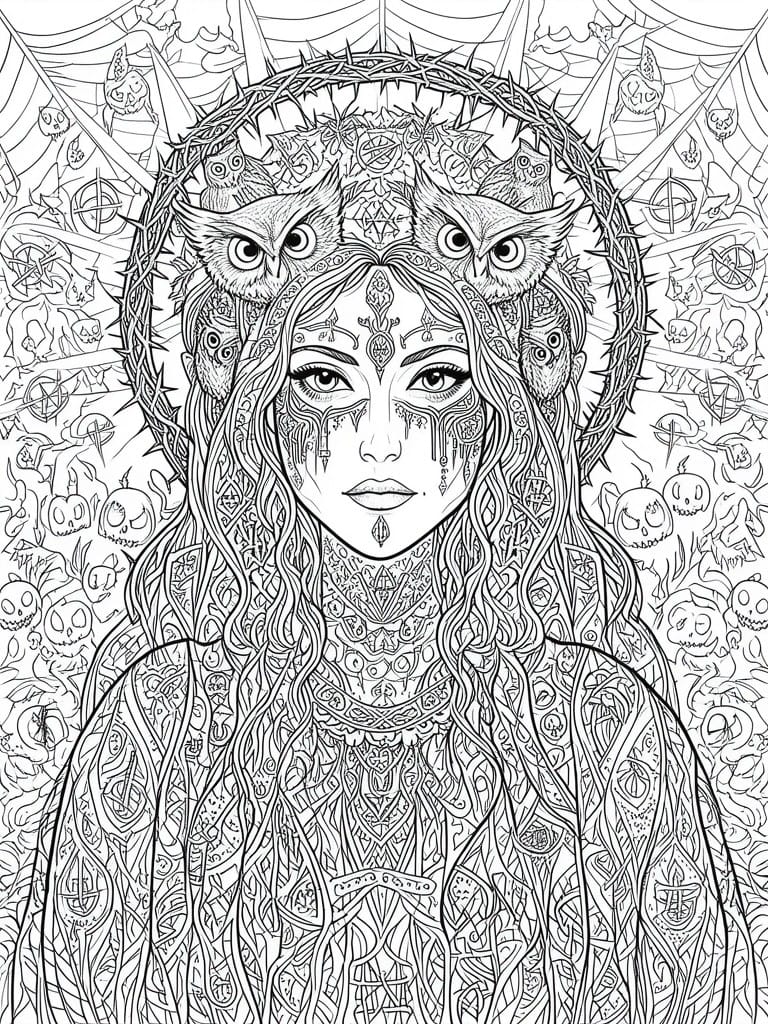 Intricate black-and-white line art of a woman with thorny owl crown amid skulls and occult symbols