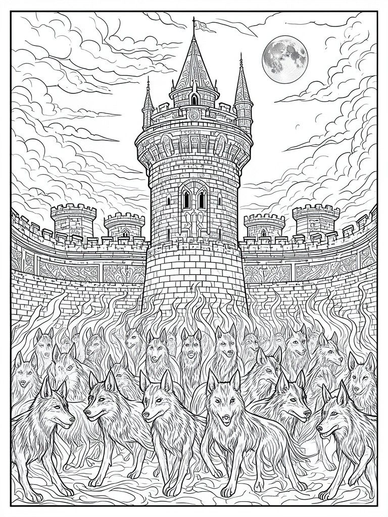 A black and white line drawing of a tall gothic castle tower with a full moon and a pack of wolves standing in front amid flame shapes.