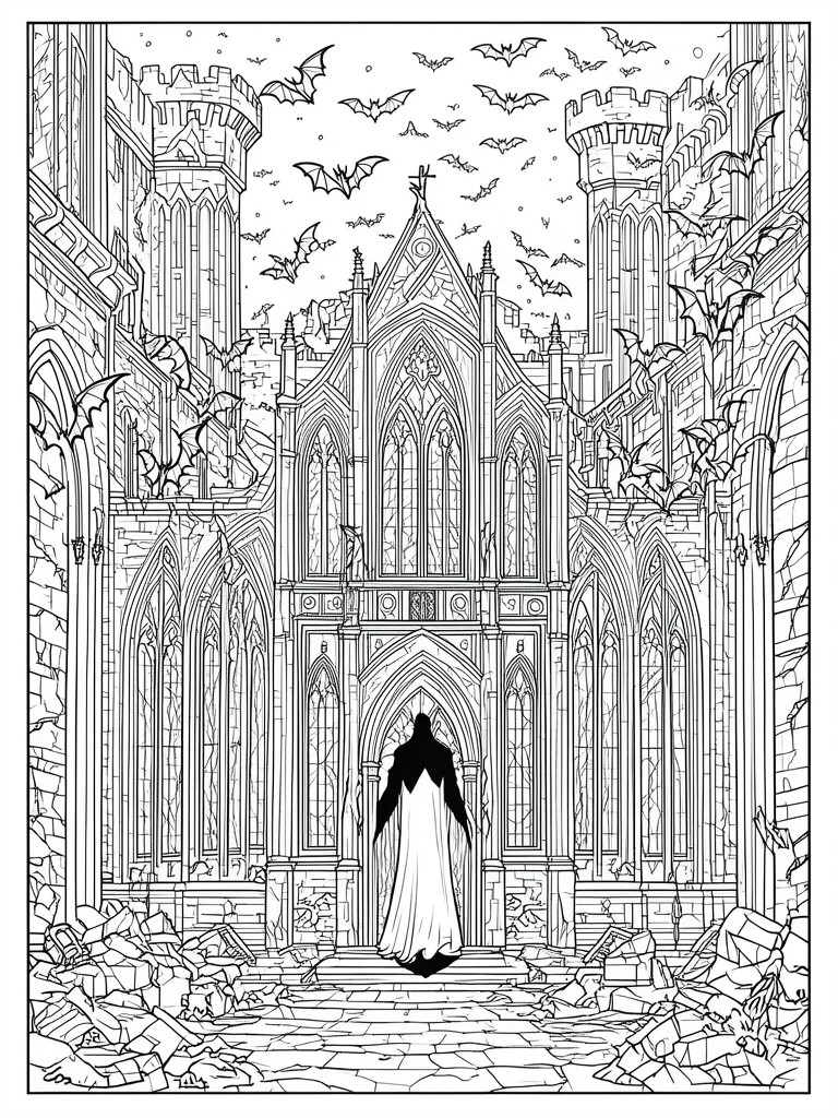 A black and white line art coloring page showing a ruined gothic castle with a cloaked figure at the entrance and many bats flying overhead.