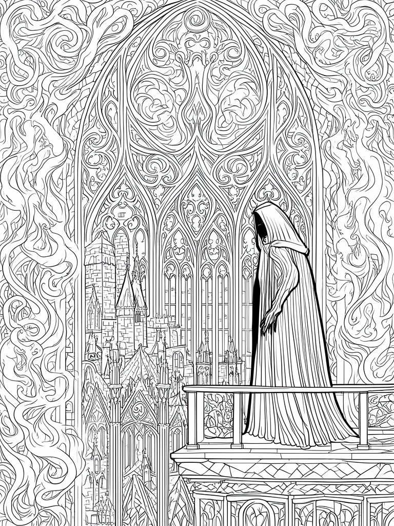 A black and white line drawing of a hooded cloaked figure standing on a balcony inside a highly detailed Gothic castle with ornate arches and a cityscape below.