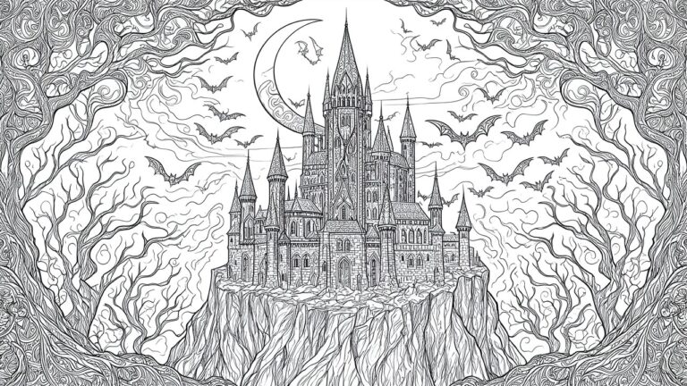 A black and white line drawing of a gothic castle on a cliff with bats flying around a crescent moon and gnarled trees on both sides.