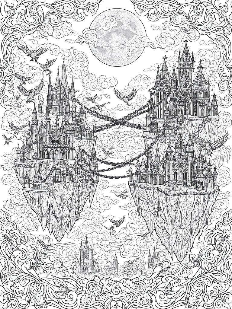 Fantasy line art of chained floating castles under a full moon with flying birds