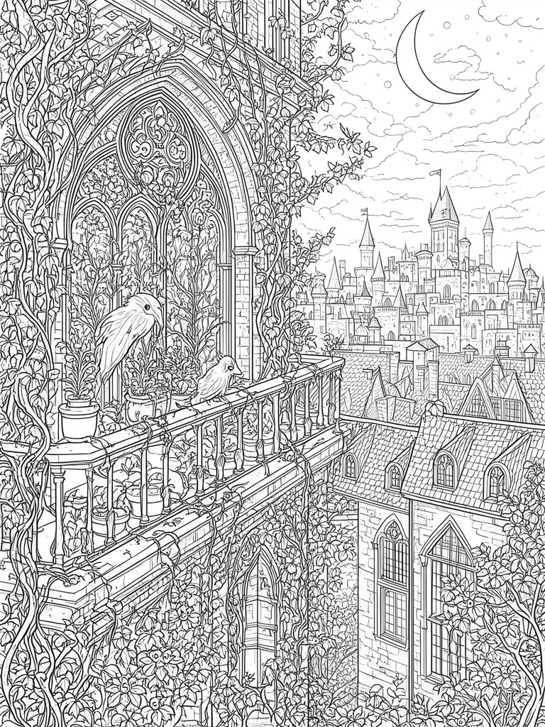 Intricate line art of birds on a vine-covered gothic castle balcony under a crescent moon.