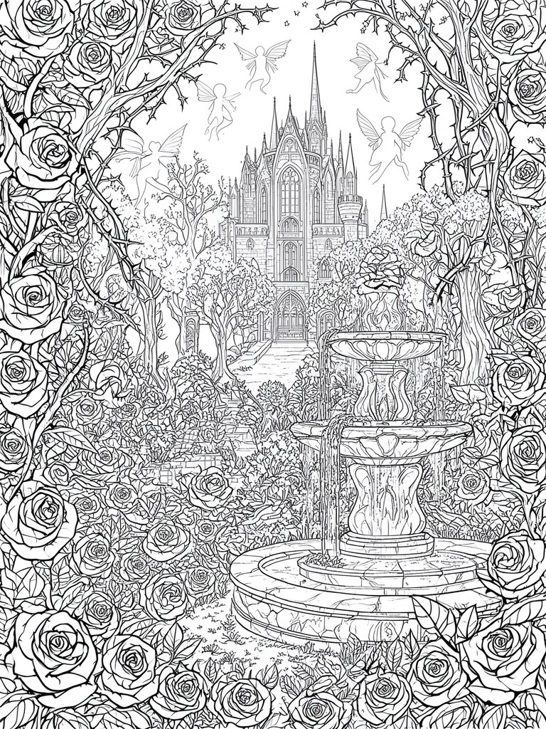 Line art of enchanted garden with roses, fountain, fairies, and gothic castle