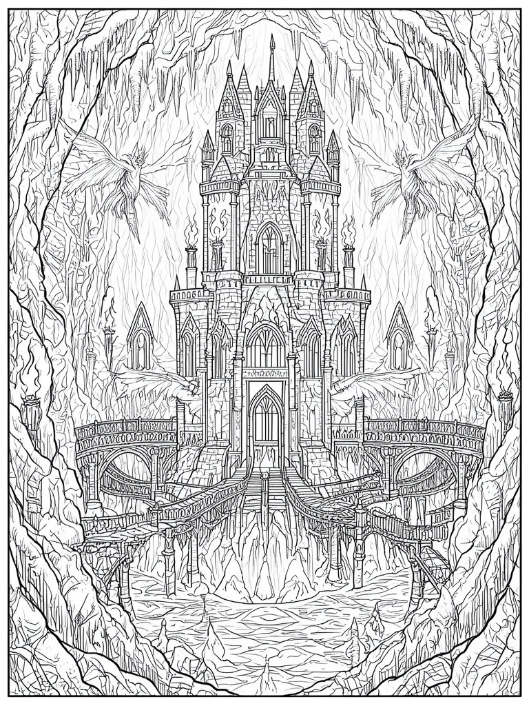 Fantasy castle with towers in cave, bridges, torches, and flying dragons.