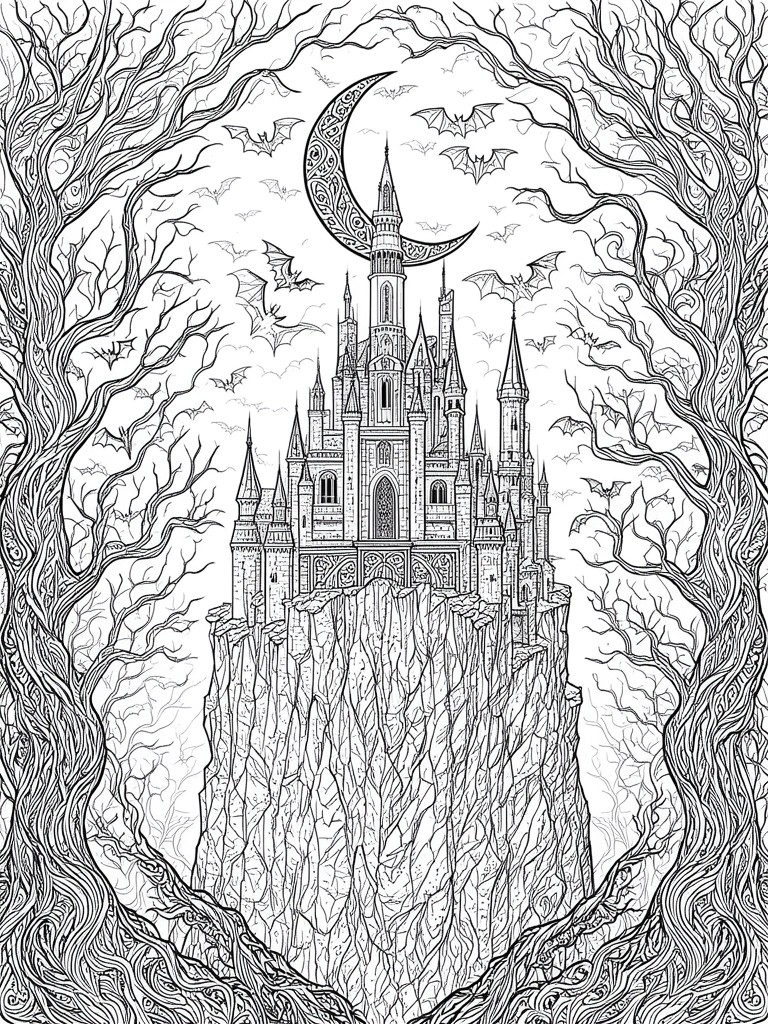 A black and white line drawing of a gothic castle on a cliff with bats flying around a crescent moon and gnarled trees on both sides.