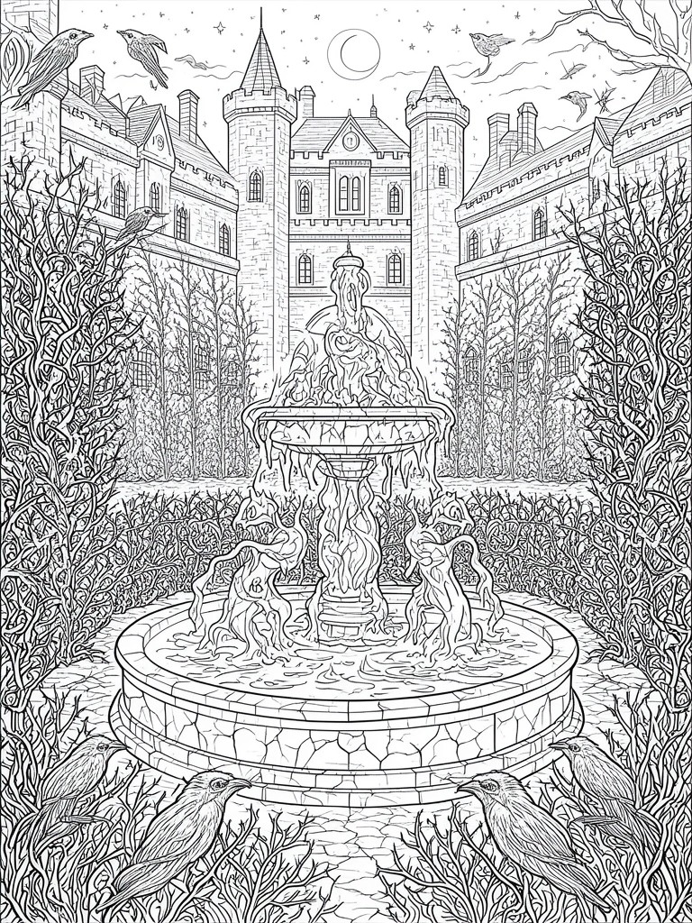 A black and white line drawing of a castle courtyard with a large fountain, mythical creatures, birds, and bare trees under a moon and stars.