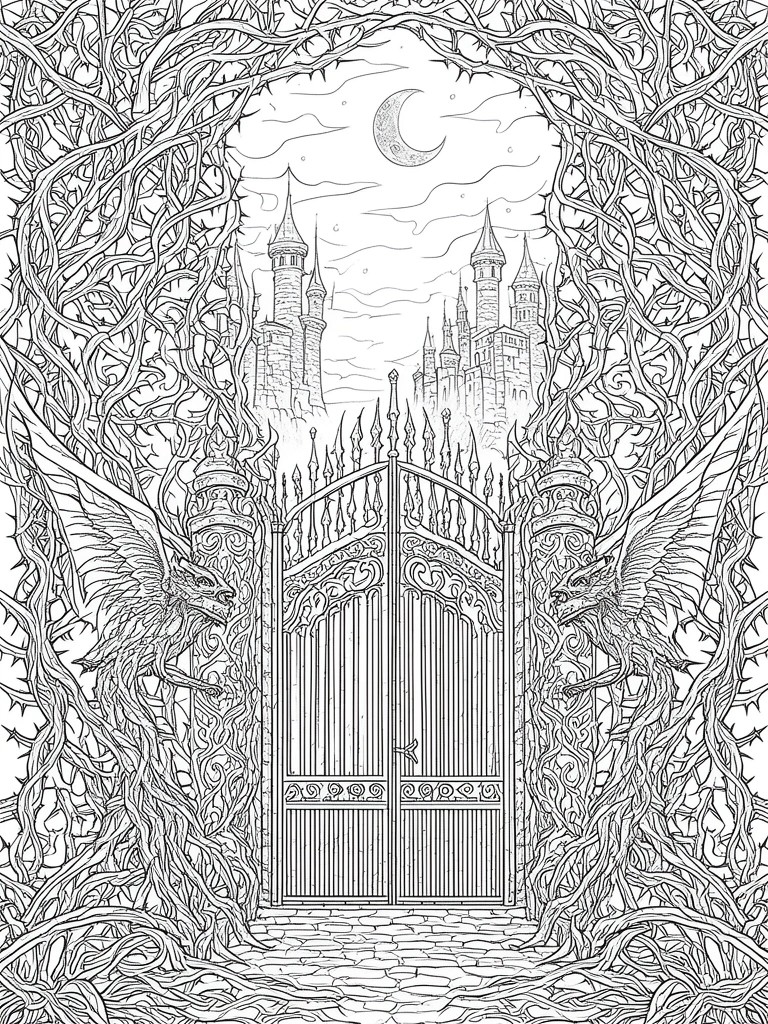 A black and white coloring page of a gothic castle behind an ornate gate flanked by two winged wolf creatures and framed by thorny vines under a crescent moon.