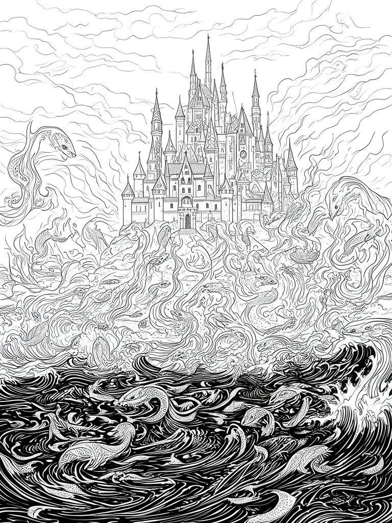 A black and white line drawing of a gothic castle above turbulent waves filled with serpentine dragon creatures.