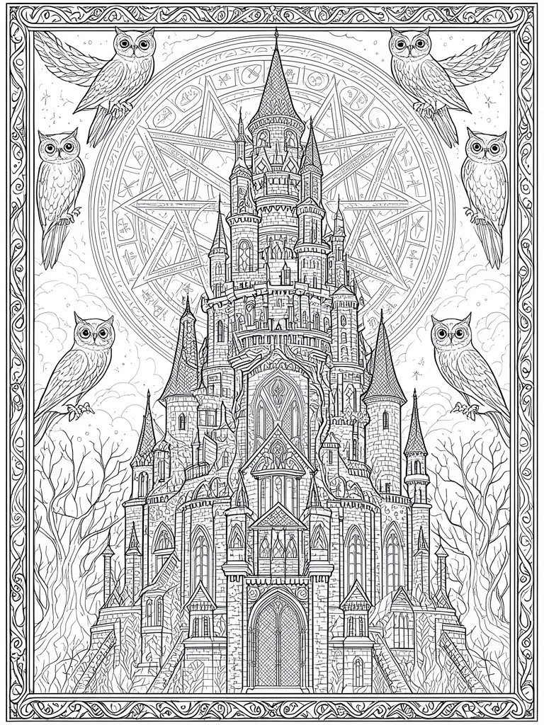 A black and white line drawing of a detailed gothic castle with multiple towers, several owls perched around it, a large circular symbol behind the castle, and bare trees at the base inside an ornate border.