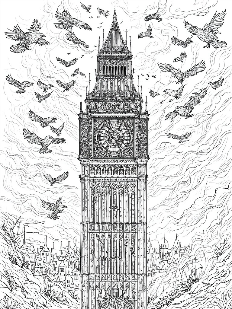 A black and white line drawing of a tall clock tower with many birds flying around it and a townscape at the bottom.