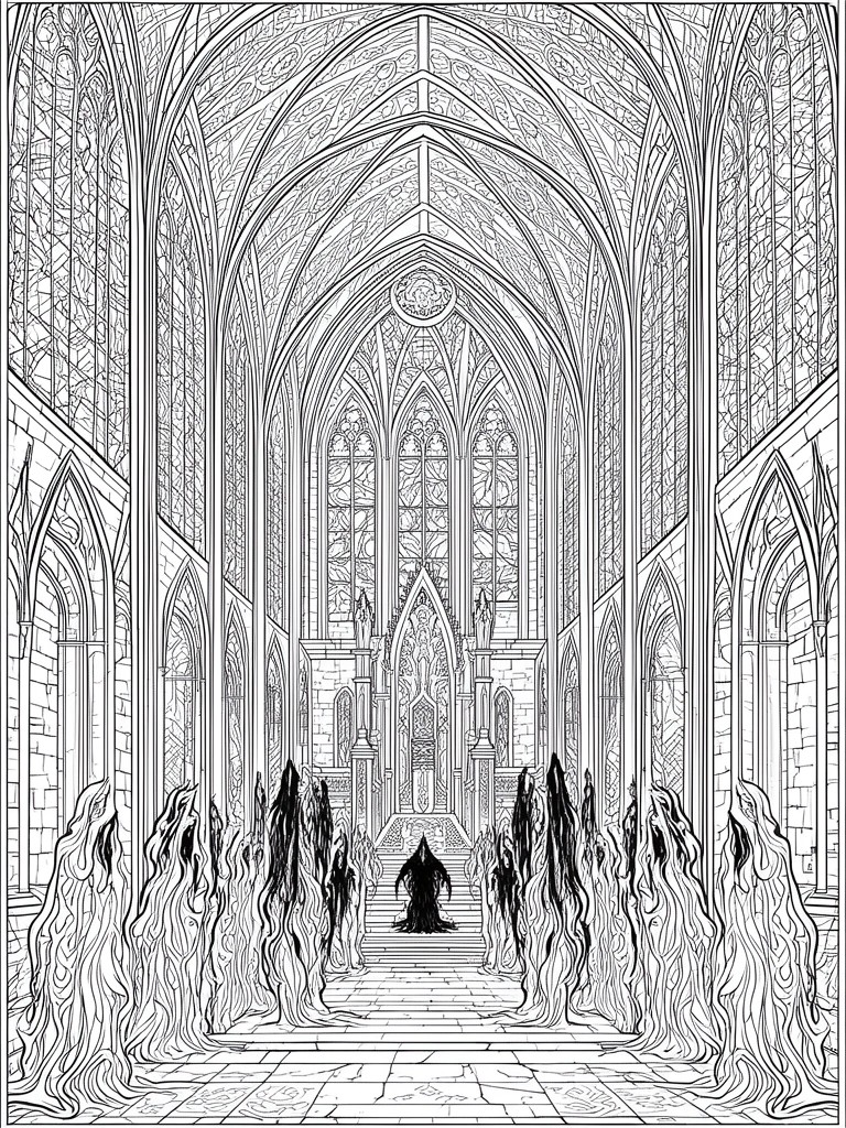 A black and white line drawing of a long gothic hall with pointed arches, stained glass windows, and multiple tall ghostly figures flanking a central hooded character on steps.