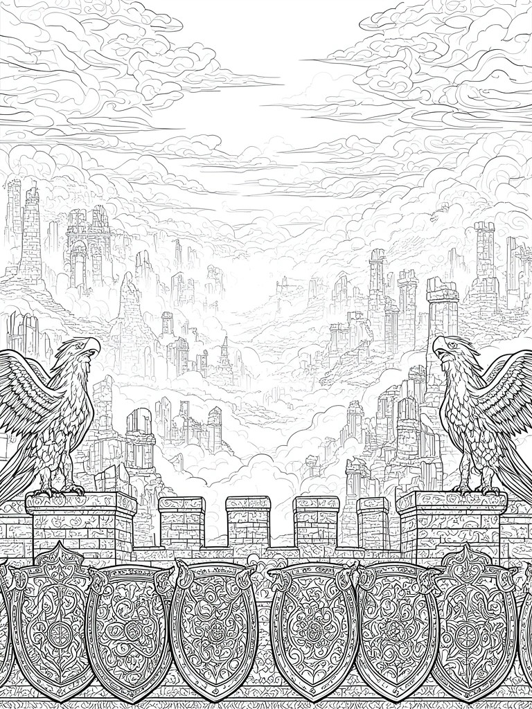 Coloring page with two winged creatures perched on battlements above gothic castle ruins and a row of decorated shields.