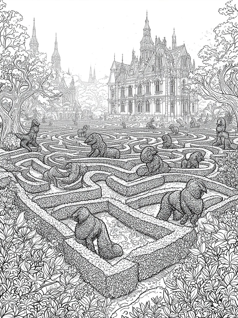 Intricate line art of a bear topiary hedge maze before a gothic mansion