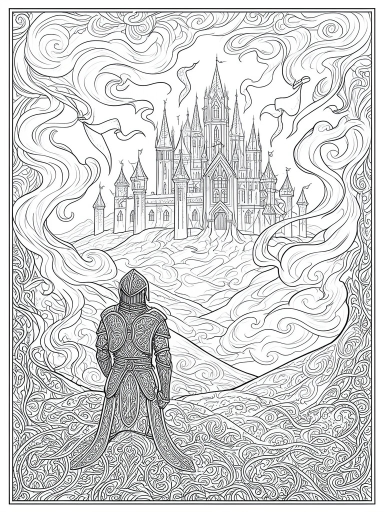 Armored knight faces spired castle amid intricate swirling cloud patterns in black and white