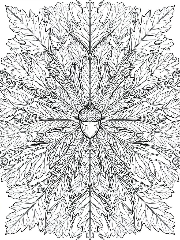 Intricate black-and-white mandala with central acorn amid symmetrical oak leaves.