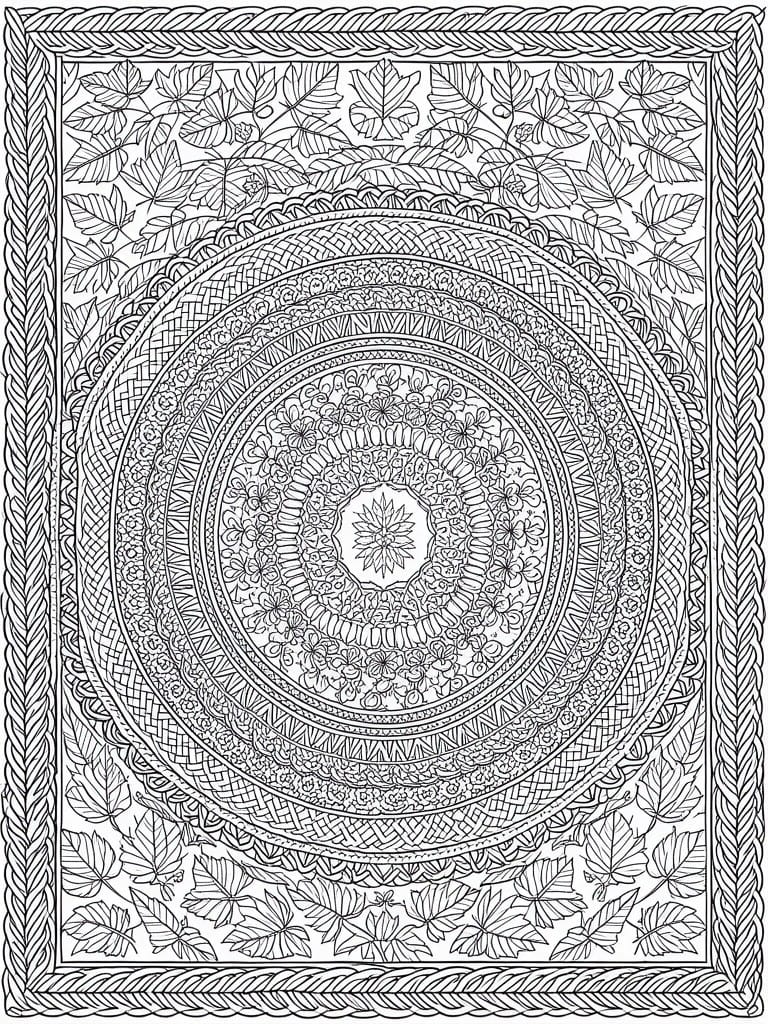 A black and white line drawing of a detailed mandala with leaf and flower patterns in concentric circles, surrounded by foliage and a braided border.