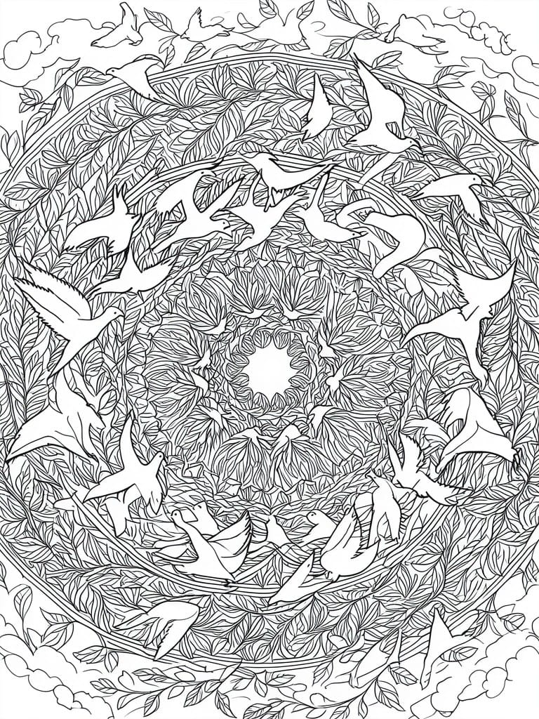 A black and white mandala coloring page featuring numerous birds in flight among dense leaf patterns and clouds in a circular design.