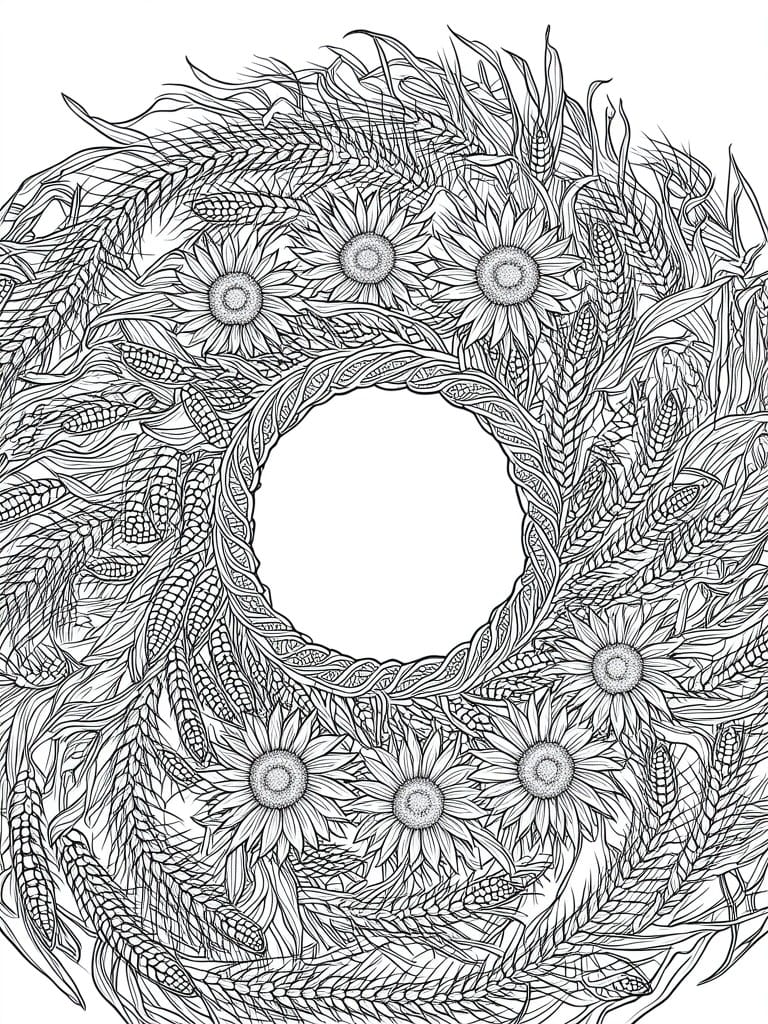 Intricate black and white circular wreath of sunflowers, wheat, and corn stalks