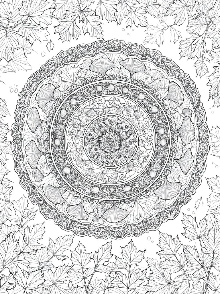 Black and white mandala coloring page featuring ginkgo leaves in the middle rings and maple leaves around the outer border.